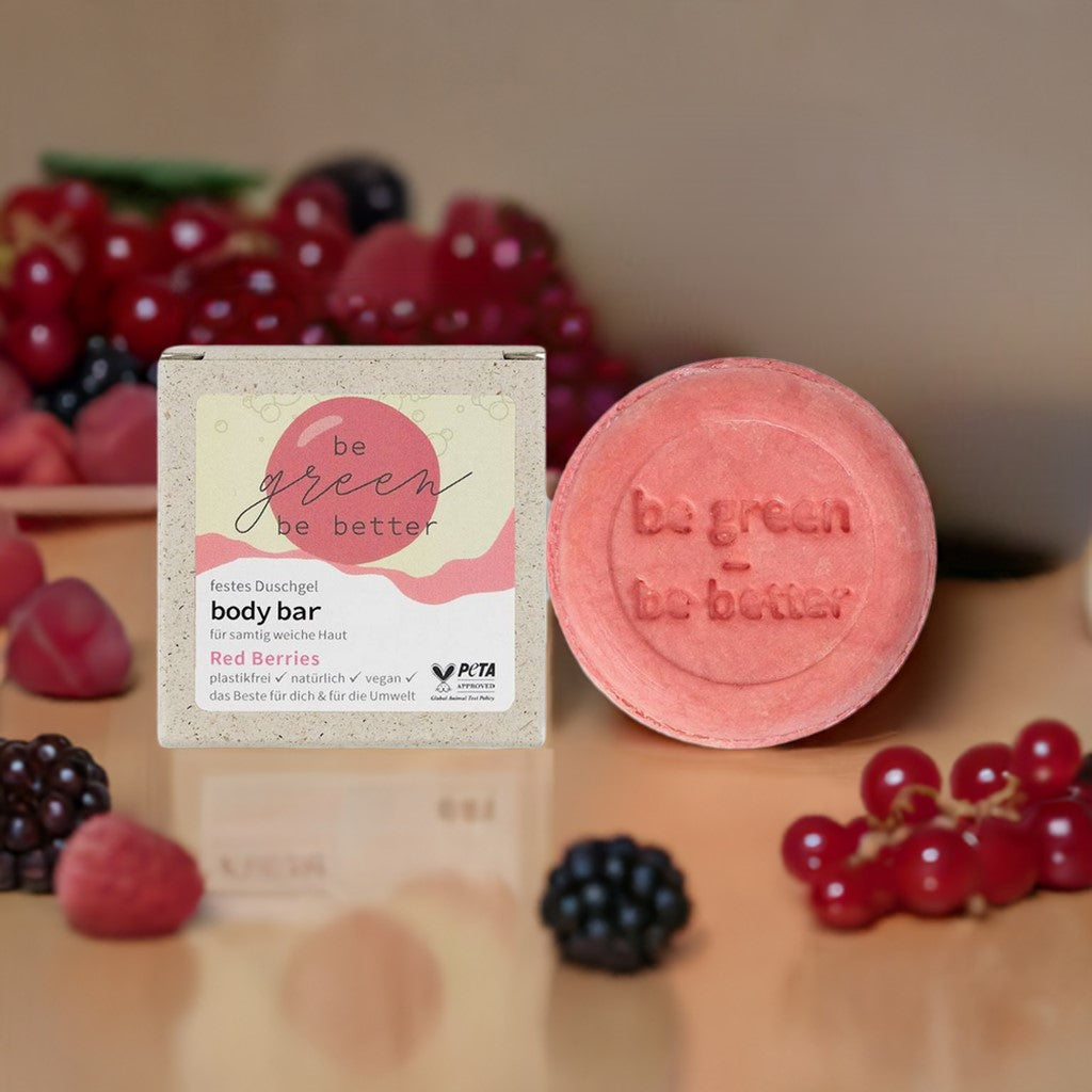 Festes Dusche Body Bar Red Berries mit Graspapierverpackung