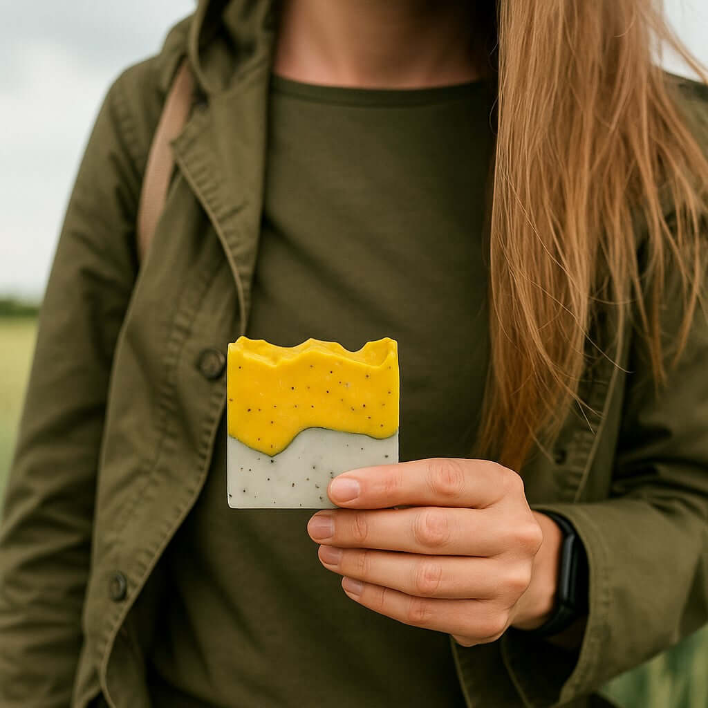Bioseife Naturkosmetik Handgemacht lemon Poppy in der Hand gehalten
