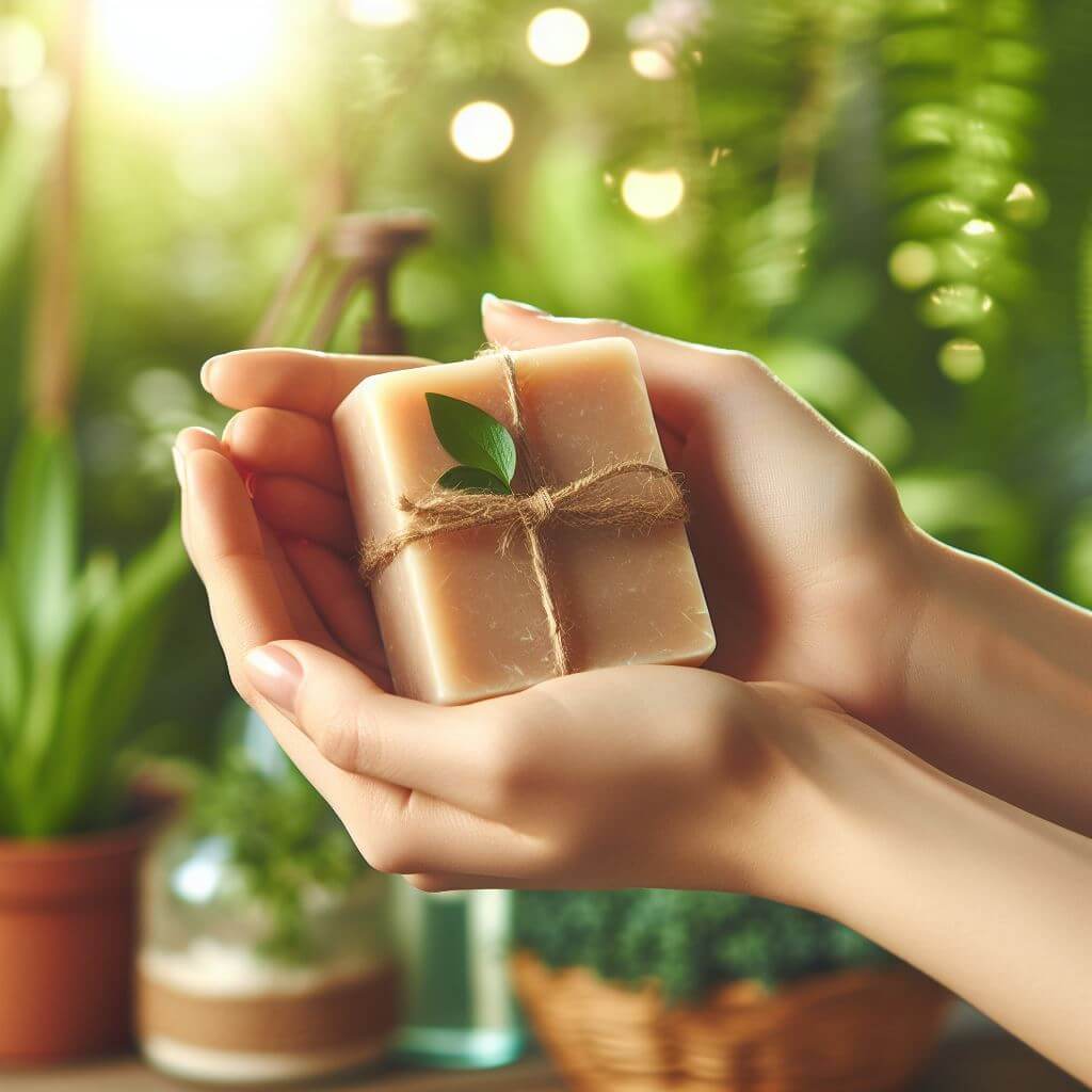 handgemachte Bio-Seifen  vegan & pflegend in Händen gehalten, umgeben von grünen Pflanzen im Hintergrund.