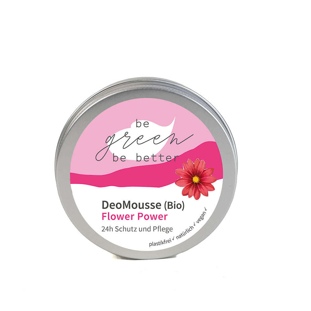 DeoMousse Flower Power Bio Dose mit pinkem Design und Blume für natürlichen Schutz und Pflege.