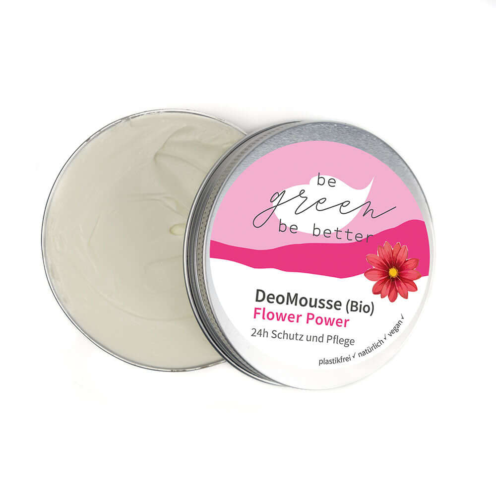 DeoMousse Flower Power Bio in einer Dose mit natürlichem Inhaltsstoffen für 24h Schutz und Pflege.