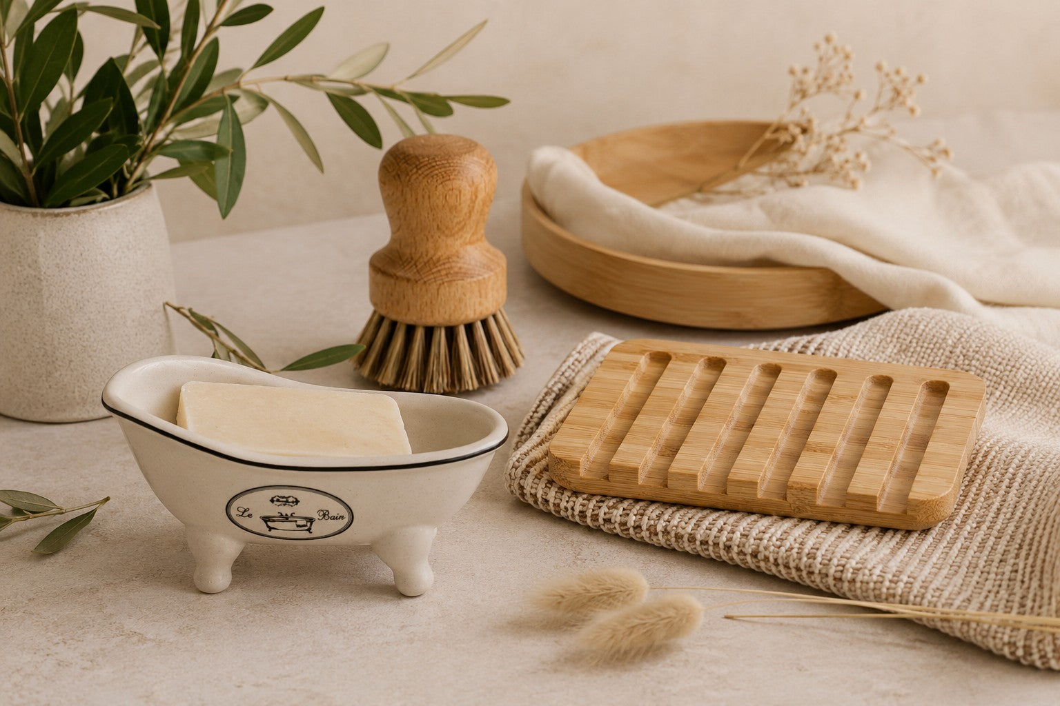 Plastikfreies Zubehör mit Bambusablage, Spülbürste und Seifenschale