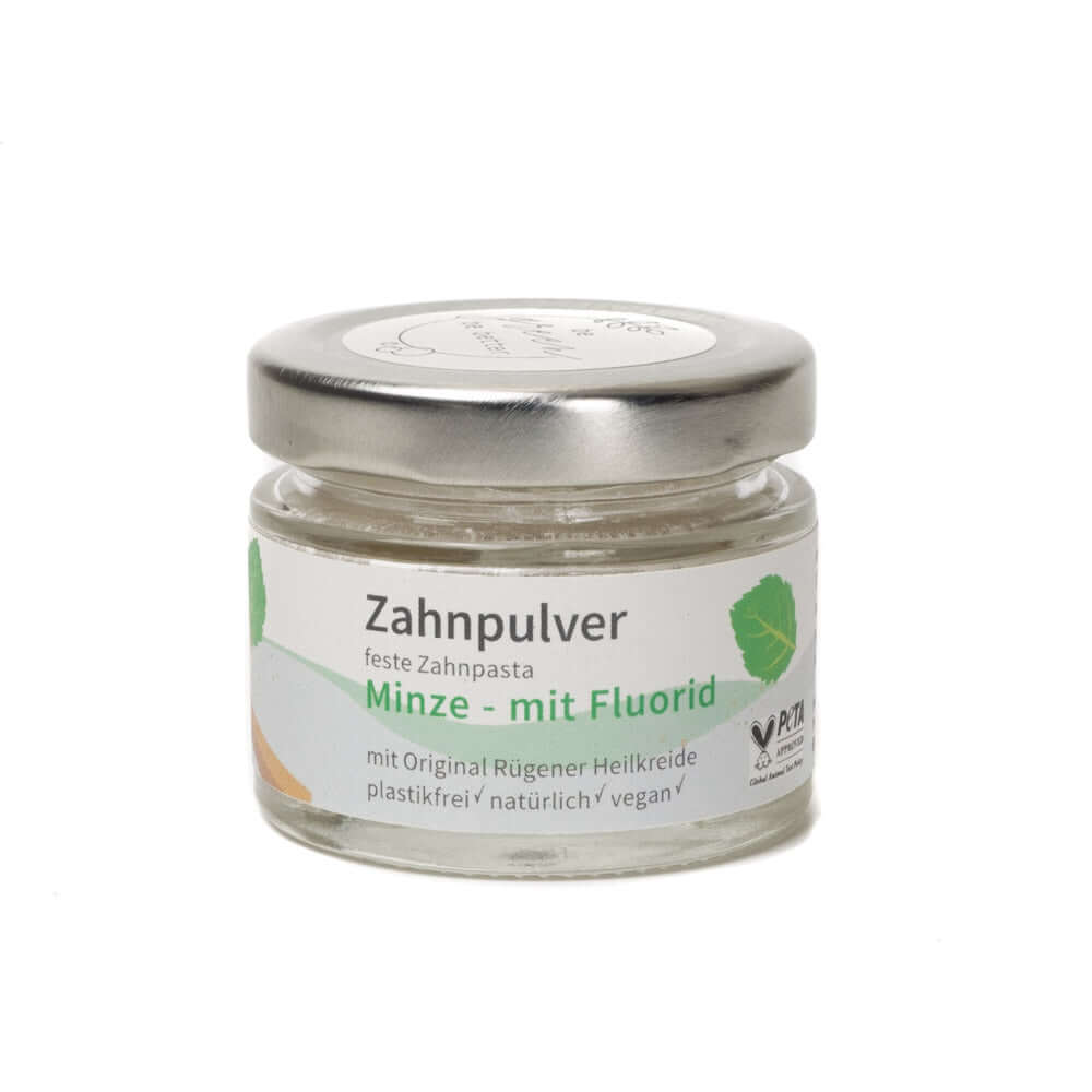 Zahnpulver Minze im Glasbehälter, natürliche und plastikfreie Zahnpflege mit Original Rügener Heilkreide.